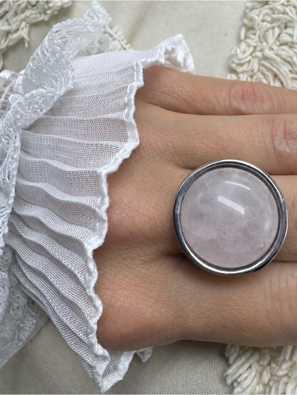 Natural Rose Quartz Stainless Steel Statement Ring